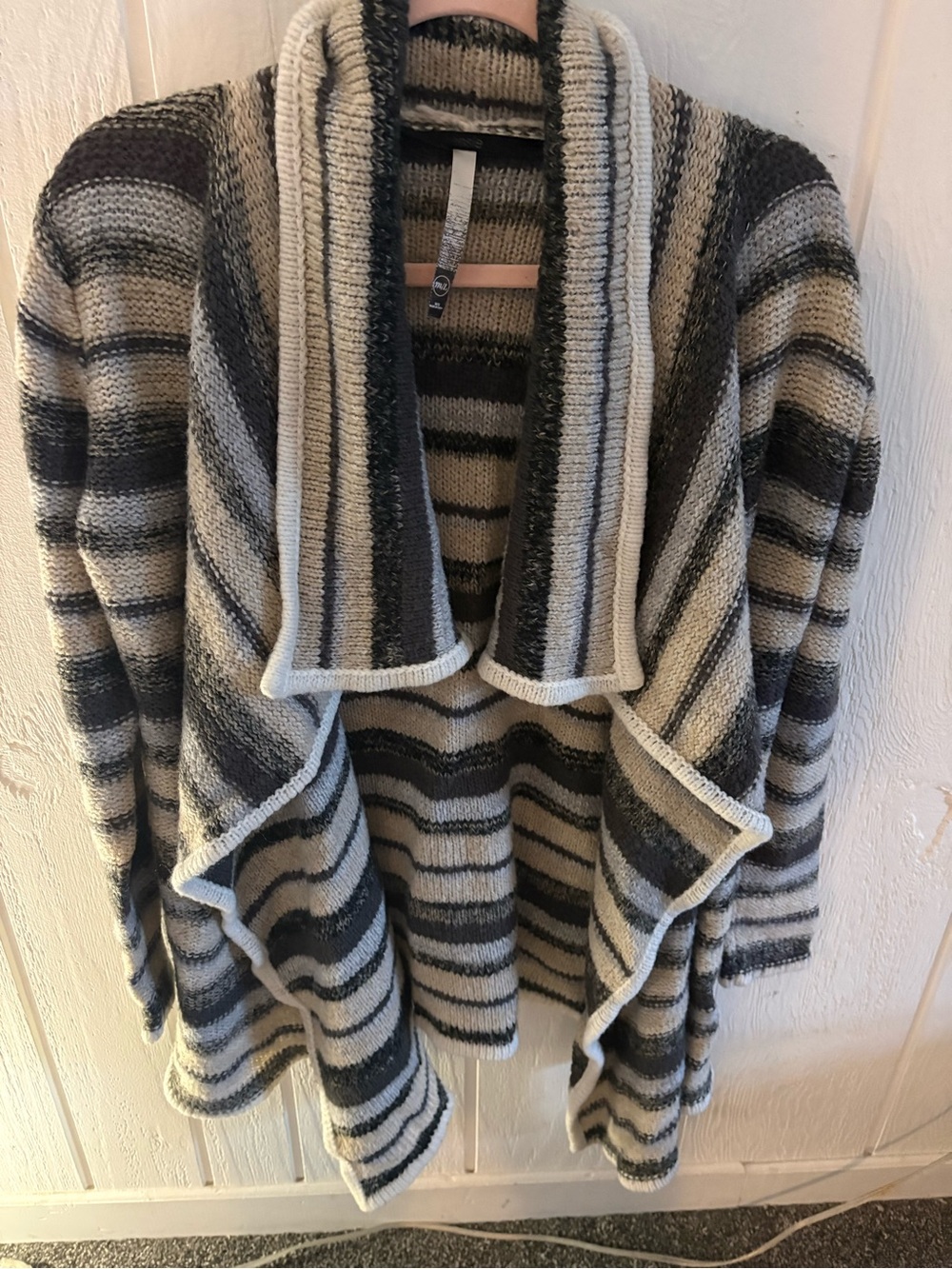 Striped Open-Front Shawl Collar Sweater Cardigan - Cream & Gray